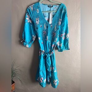 BloomChic Teal Floral V-Neck Midi Dress